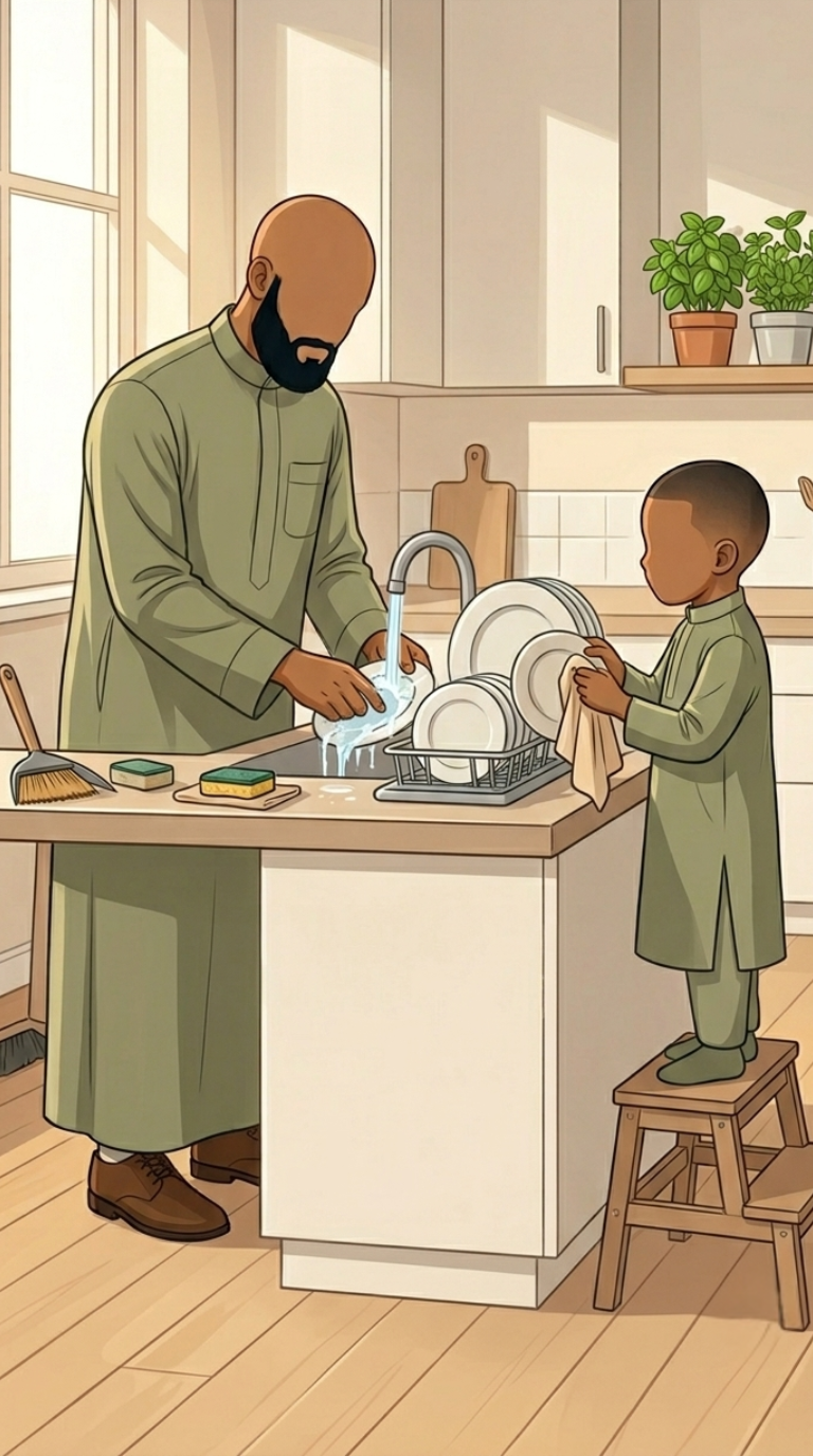 Een vader en zoon doen samen de afwas in de keuken