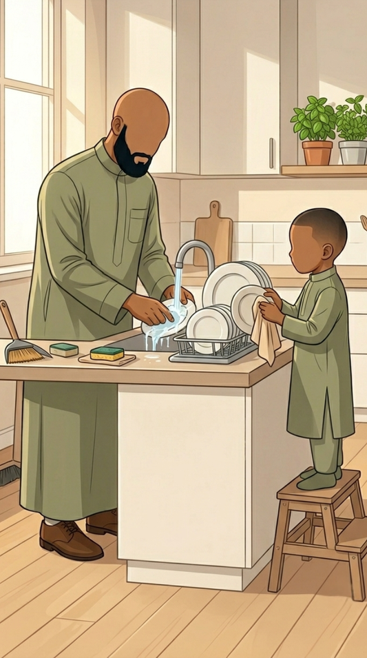 Een vader en zoon doen samen de afwas in de keuken