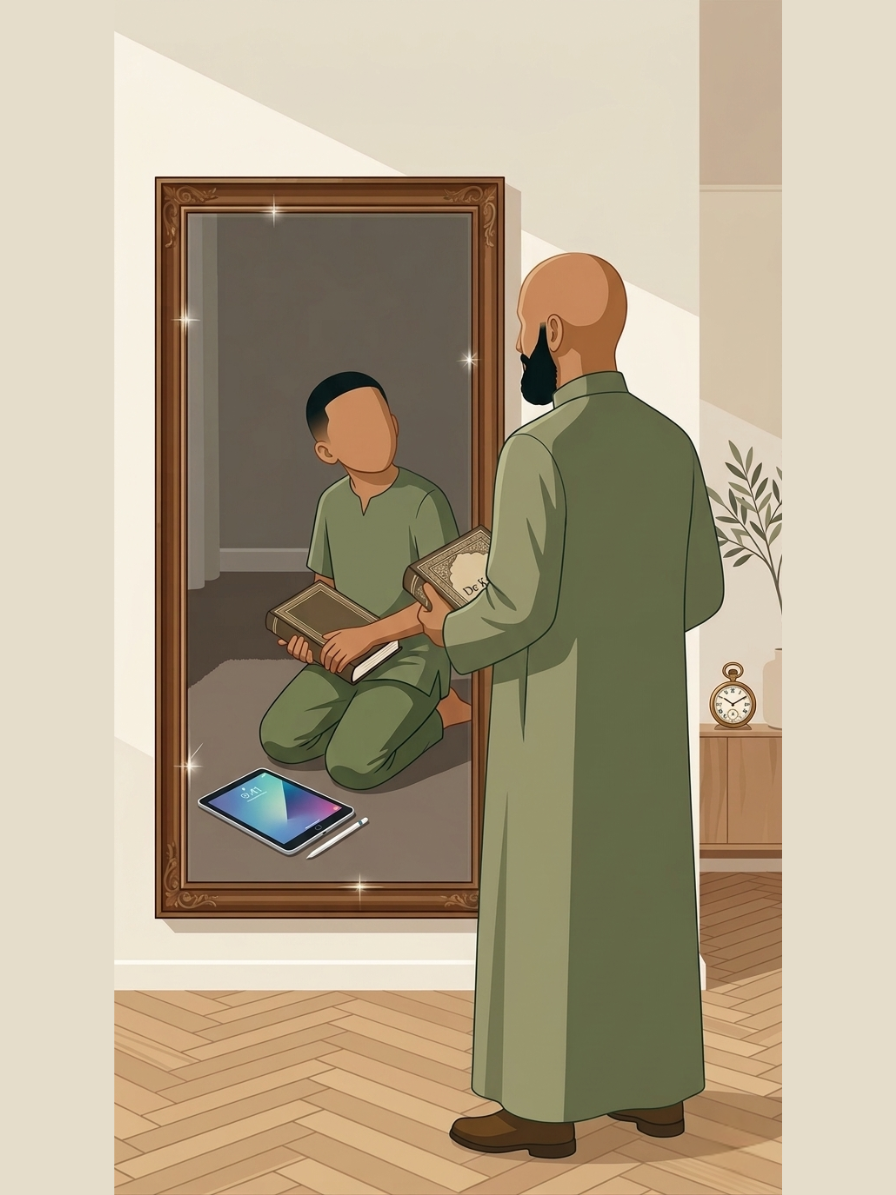 Een spiegel waarin het kind met de Qur'an wordt weerspiegeld