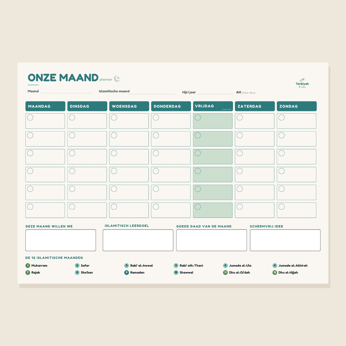 Onze Maand magneetplanner A3, maandplanner met de gewone en de islamitische maand