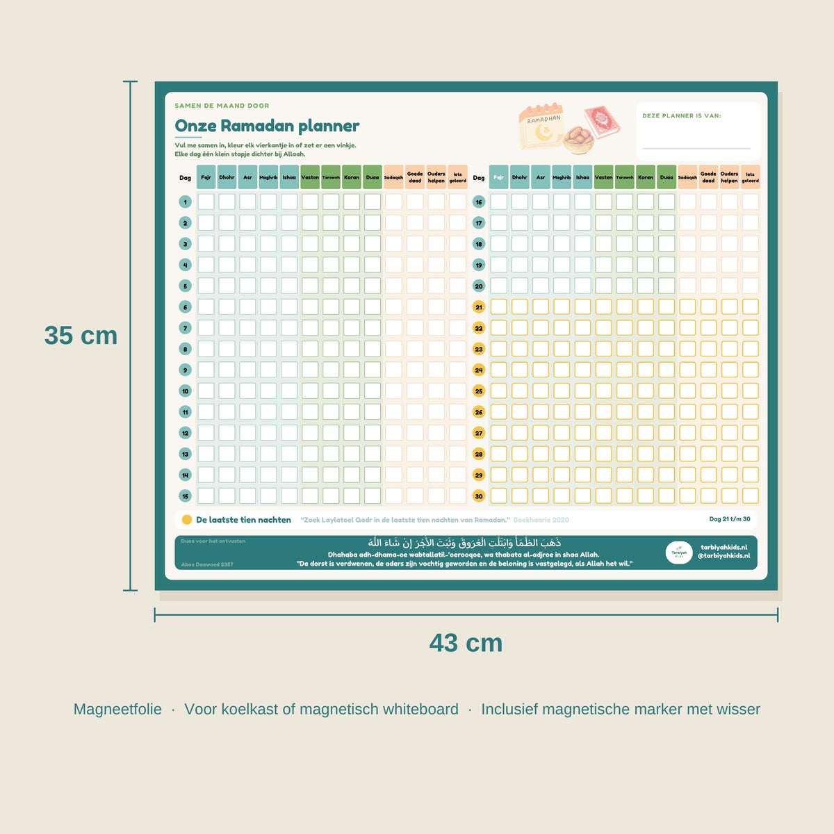 Formaat Ramadan Planner magneetplanner: 43 x 35 cm, inclusief magnetische marker met wisser