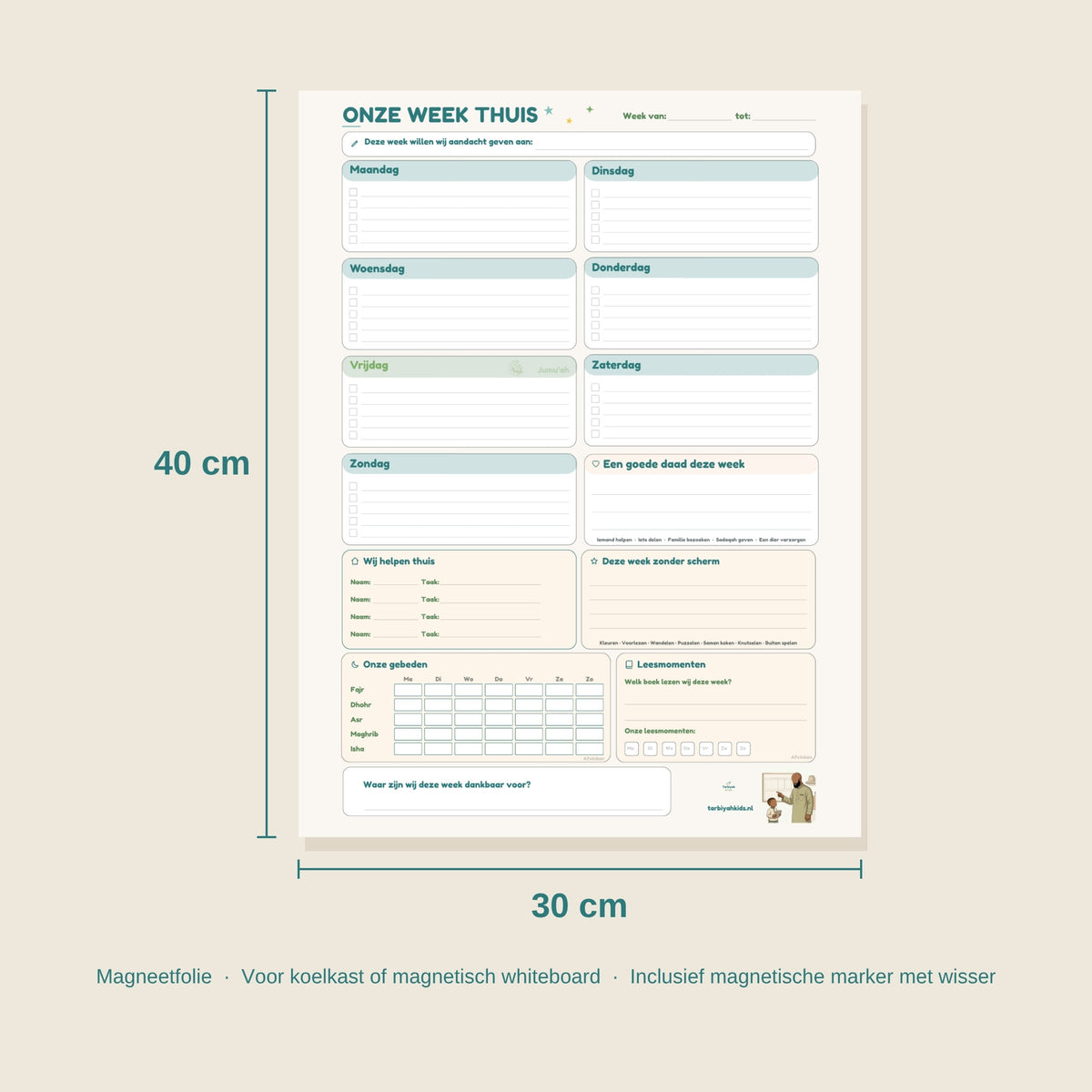 Formaat Onze Week Thuis magneetplanner: 30 x 40 cm, inclusief magnetische marker met wisser