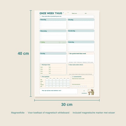 Formaat Onze Week Thuis magneetplanner: 30 x 40 cm, inclusief magnetische marker met wisser