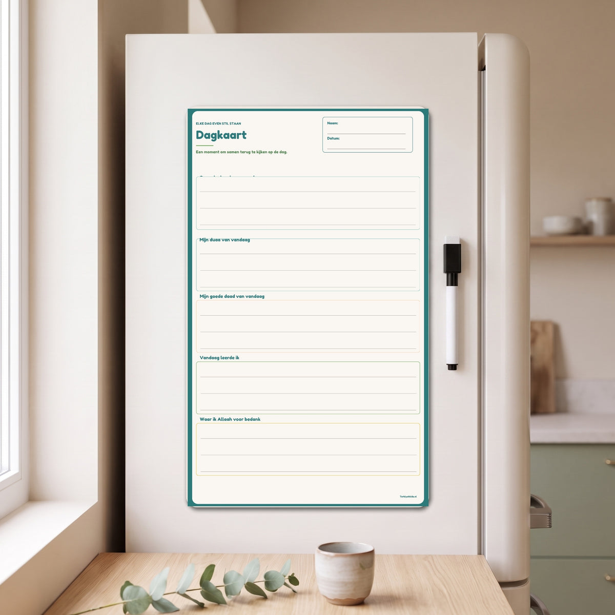 Dagkaart magneetplanner op de koelkast met magnetische whiteboardmarker