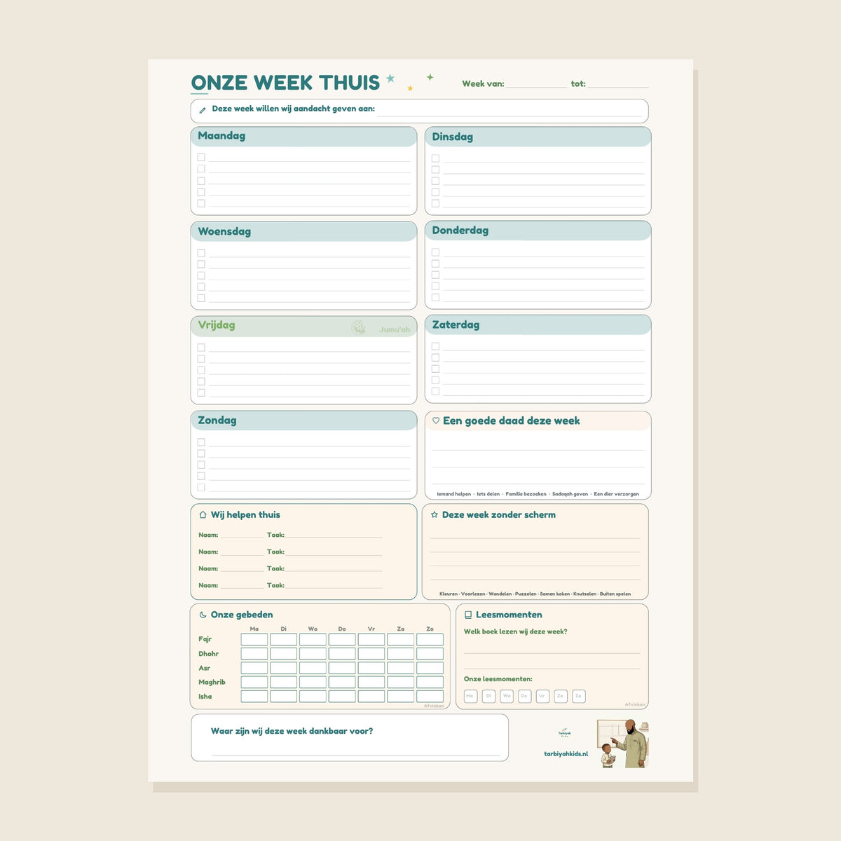 Onze Week Thuis magneetplanner 30 x 40 cm, weekplanner voor het gezin met gebeden, leesmomenten en goede daden