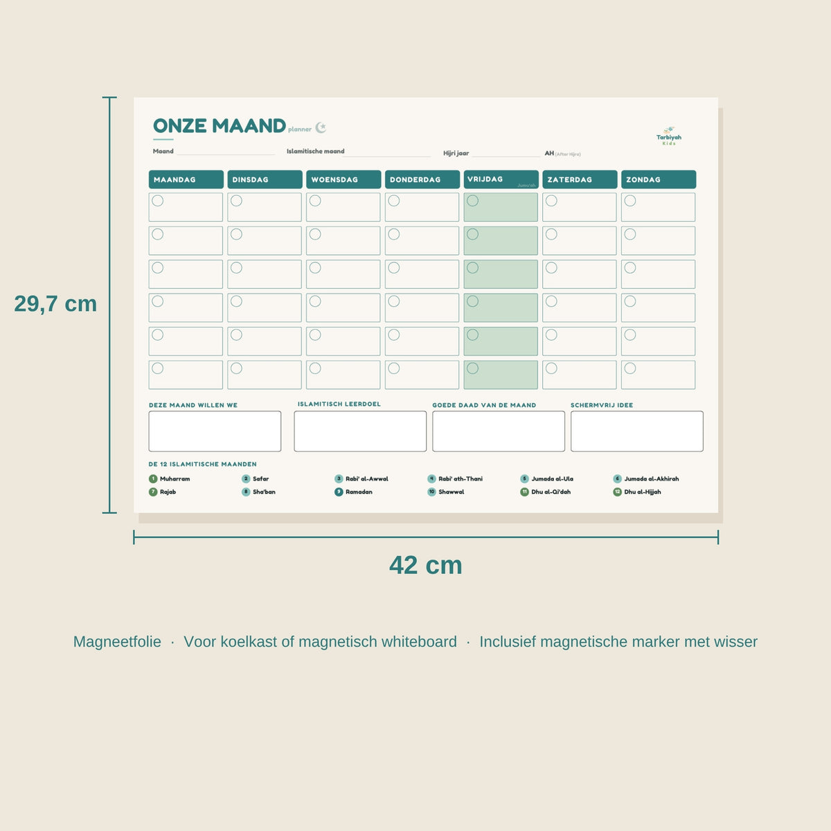 Formaat Onze Maand magneetplanner: A3, 42 x 29,7 cm, inclusief magnetische marker met wisser
