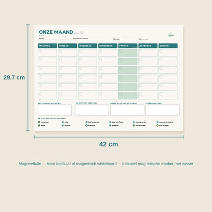 Formaat Onze Maand magneetplanner: A3, 42 x 29,7 cm, inclusief magnetische marker met wisser